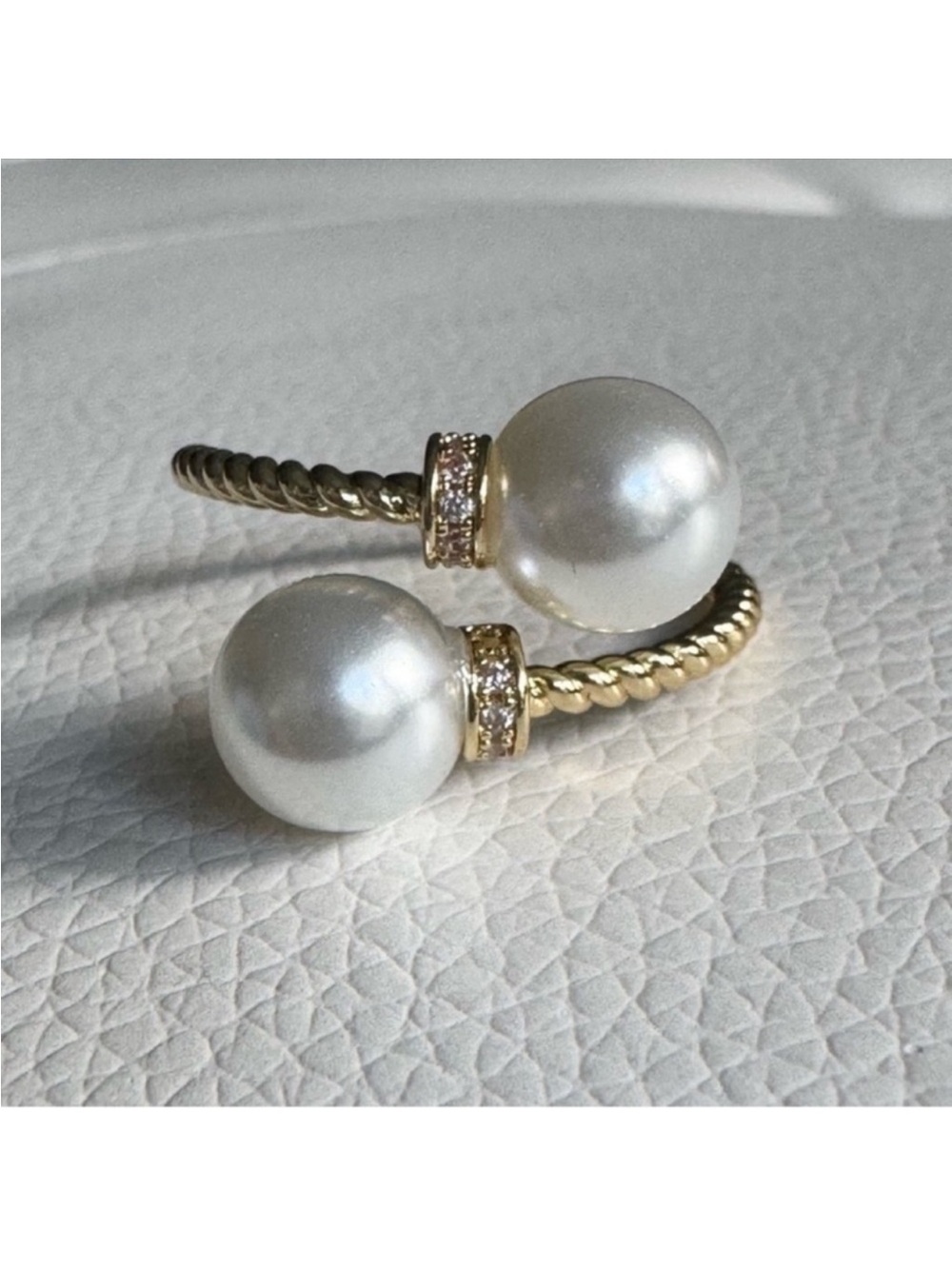 Elegant Gold Tone Pearl Adjustable Ring with Pavé Accents New